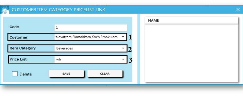 GST billing software-Customer Item Category Pricelist Link Window