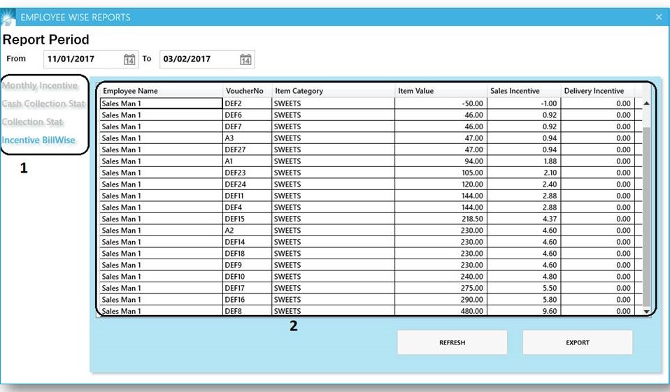 GST billing software-Employee Wise Reports Window