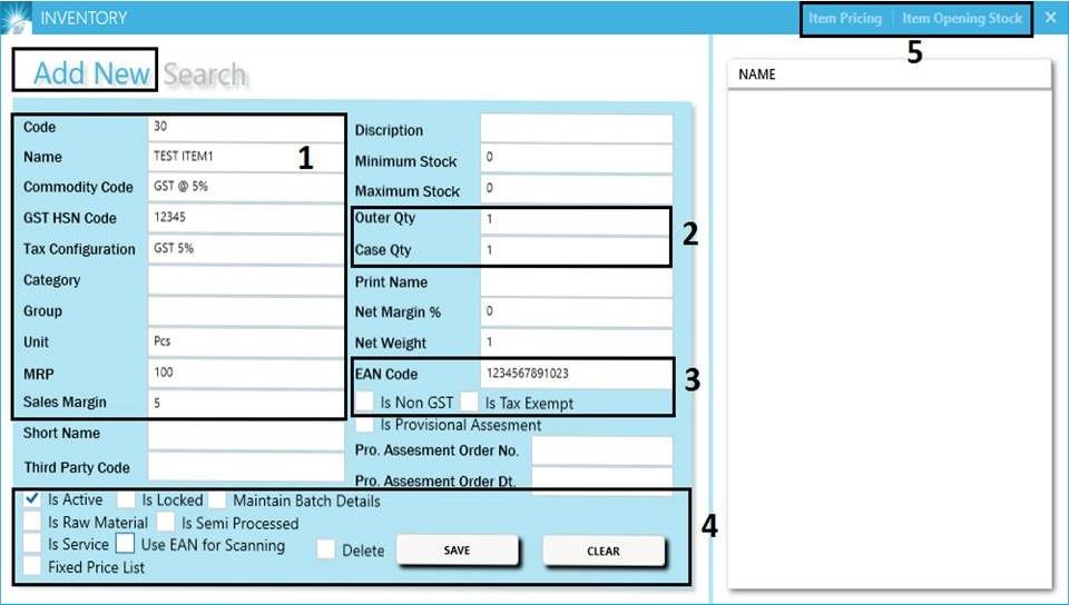 GST billing software-Item Creation Window