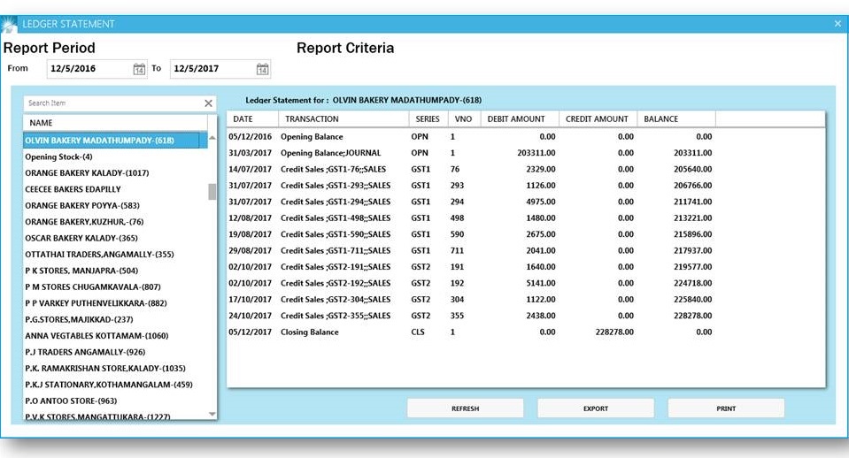 GST billing software-Ledger Statement Window