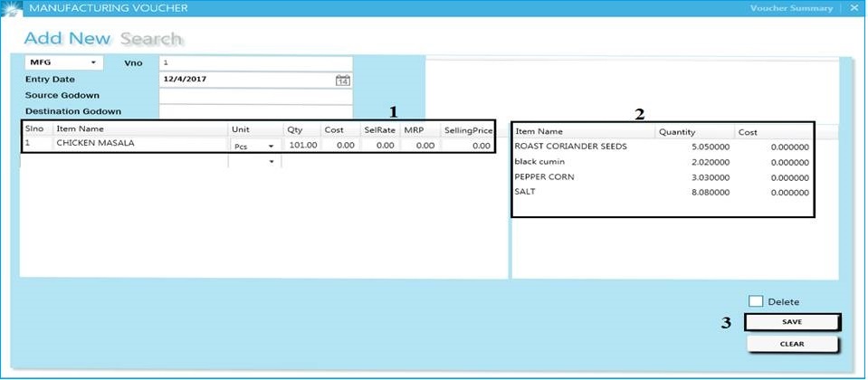GST billing software-Manufacturing Voucher Creation Window