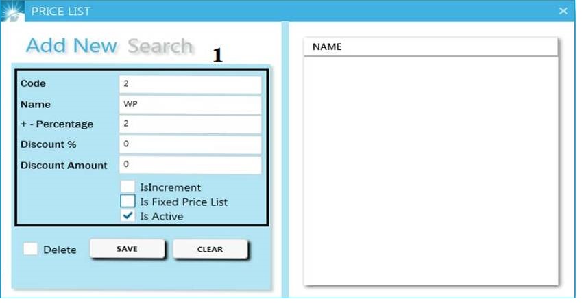 GST billing software-Pricelist Creation Window