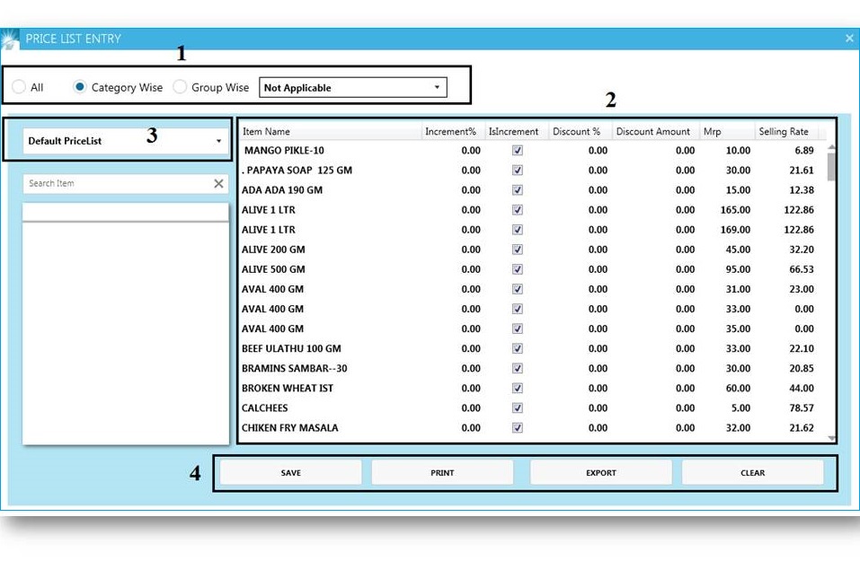 GST billing software-Pricelist Entry Window
