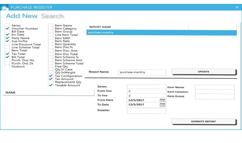 GST billing software-Purchase Register Report Window