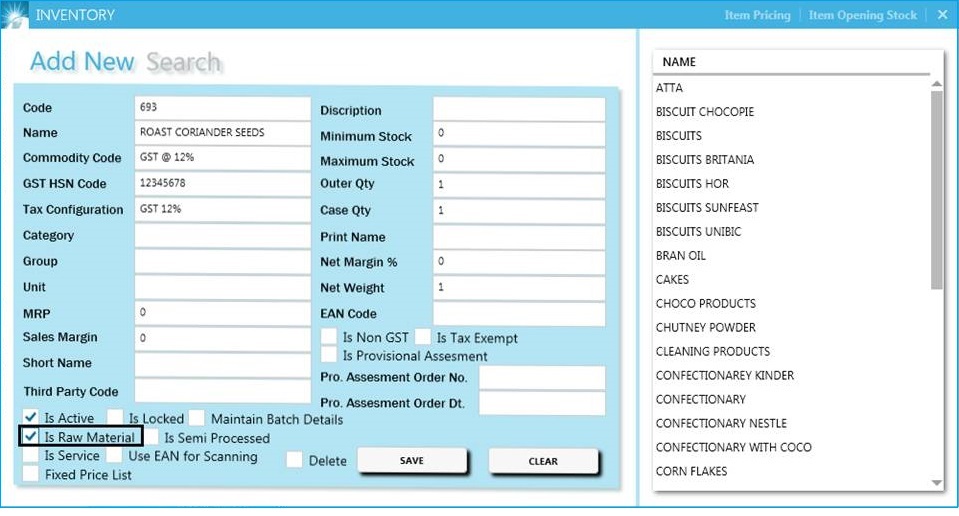 GST billing software-Raw Material Creation 