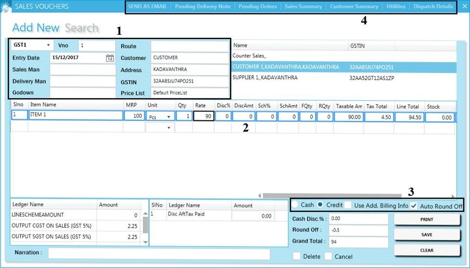 GST billing software-Sales Voucher Creation Window