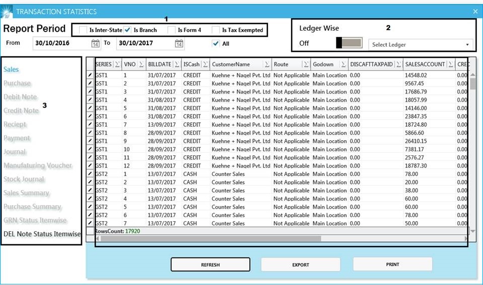 GST billing software-Transaction Statistics Report Window