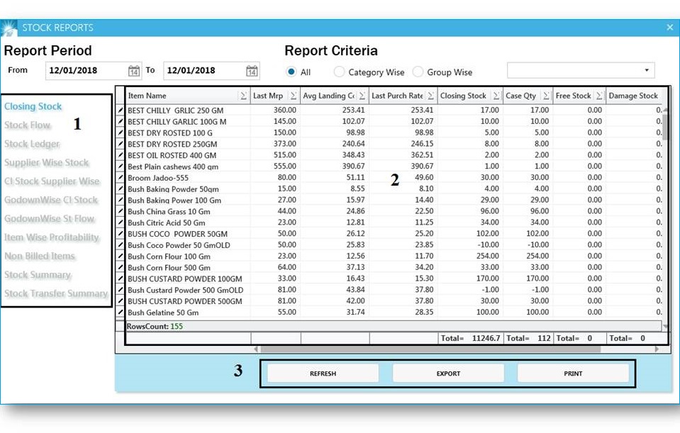 GST billing software-Stock Reports Window
