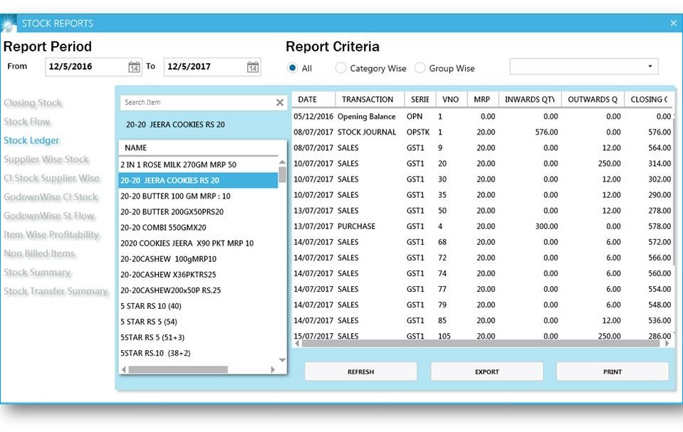 GST billing software-Stock Ledger Report Window