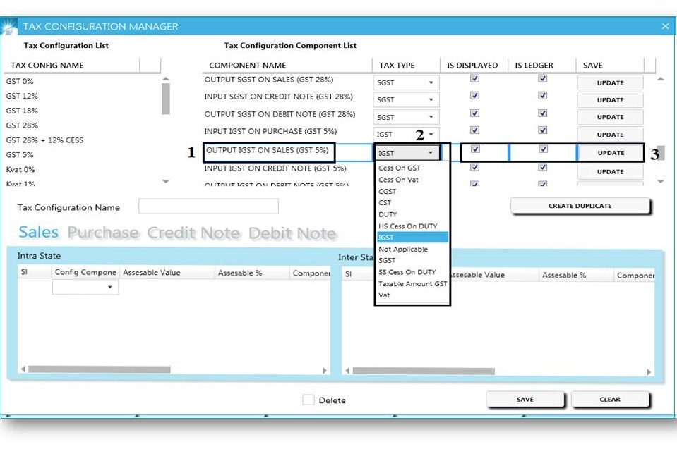 GST billing software-Tax Config Manager Component Creation Window