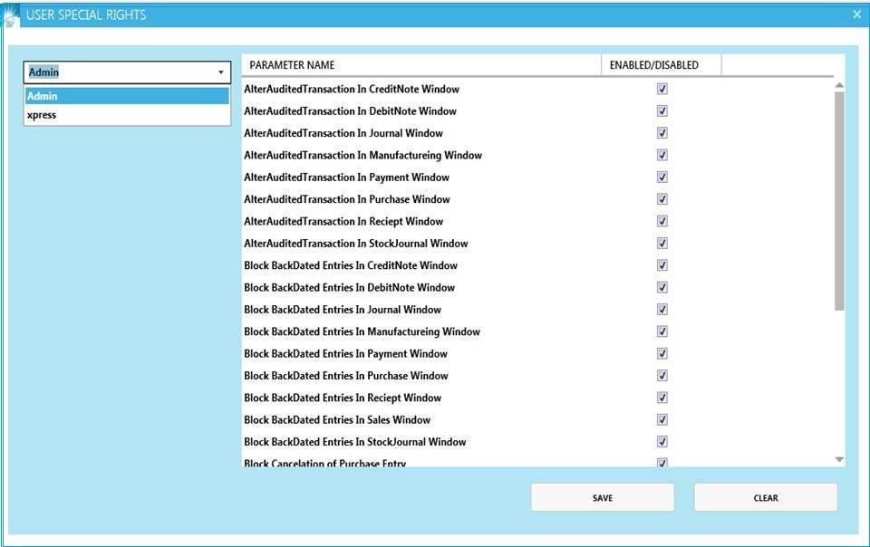 GST billing software-User Special Rights Window Part 1