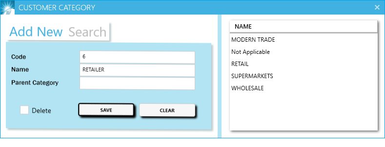 Customer category and group creation window
