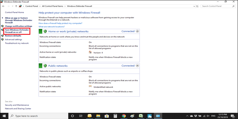 Select turn windows firewall on or off