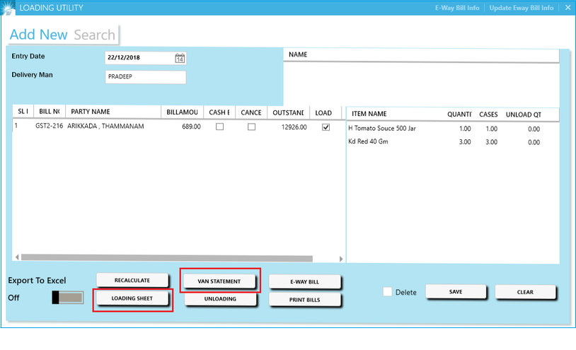 GST billing software-Loading Sheet
