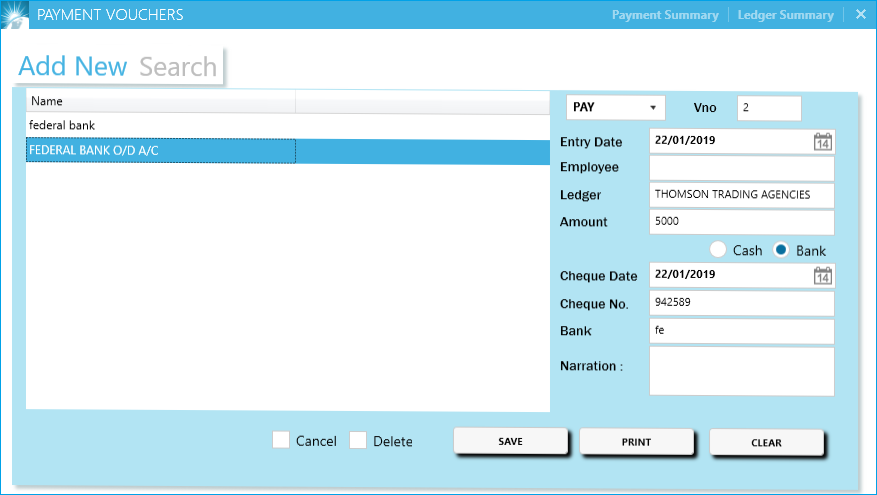 Payment voucher creation window