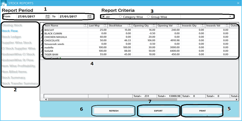 GST billing software-inventory reports window